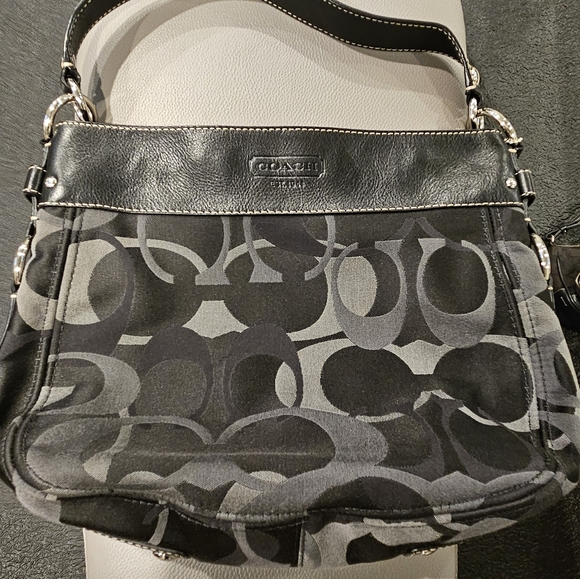 COACH Zoe Signature Black Canvas Hobo Shoulder Bag with Black Leather Trim - Picture 13 of 16